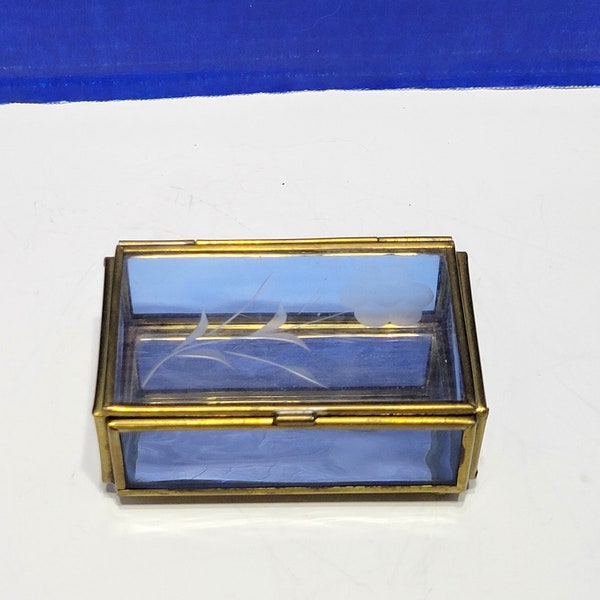 Vintage Blue Glass and Brass Rectangular Glass Jewelry Box Etched Bird