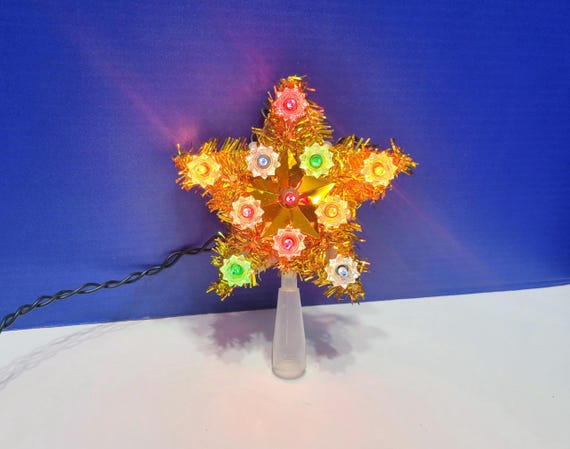 Vintage Gold Tinsel Star Tree Topper with Multicolor Lights