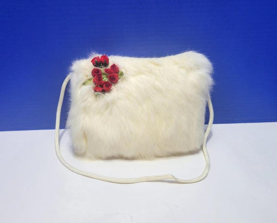 Vintage Small White Furry Muff with Red Velvet Flowers