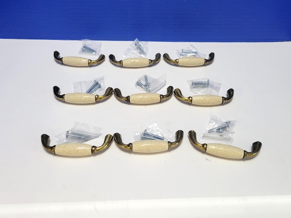 Vintage Oatmeal and Burnished Brass Drawer Pull Handles Lot of 9