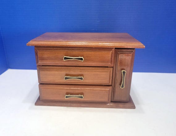 Vintage Wood Jewelry Box with Black Handles Music Box