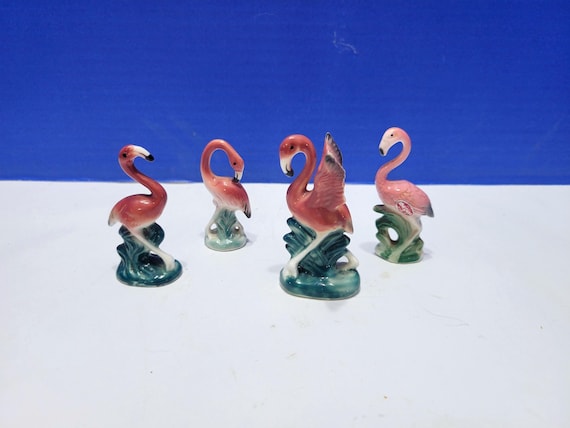 Midcentury Miniature Ceramic Flamingo Figurines Lot of 4