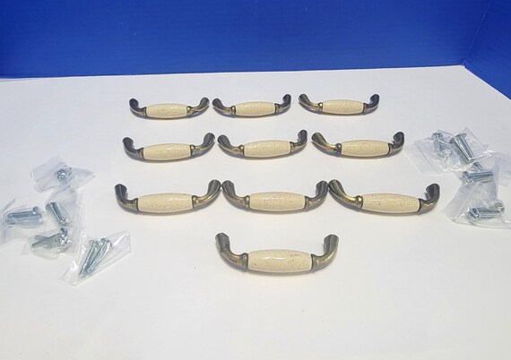 Vintage Oatmeal and Burnished Brass Drawer Pull Handles Lot of 10