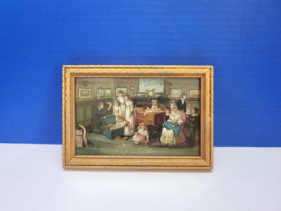 Antique Victorian Children Lithograph Print by P.O. Vickery in Gold Frame