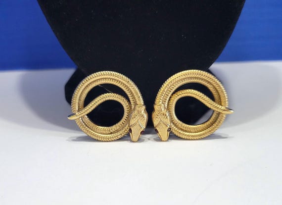 Vintage Large Coiled Gold Snake Earrings with Red Rhinestone Eyes
