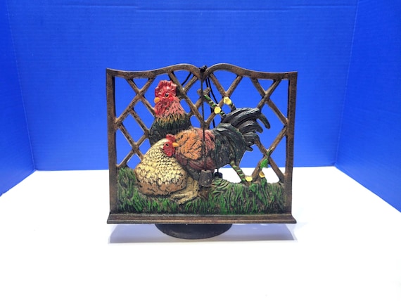 Vintage Cast Iron Rooster and Hen Cookbook Holder
