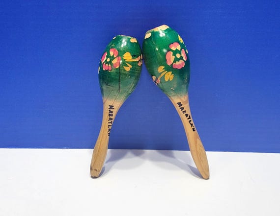 Pair Vintage Green Wood Mini Maracas from Mazatlan, Mexico