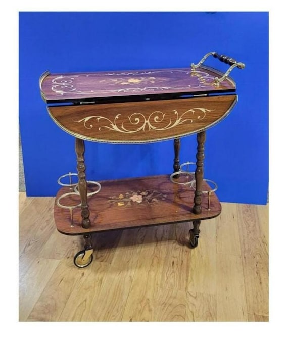 Vintage Italian Marquetry and Brass Drop Leaf Tea Cart