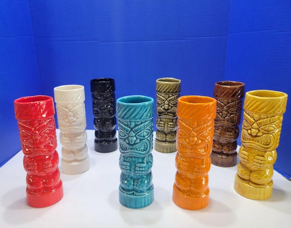 Vintage Rainbow Ceramic Tiki Glasses Large Set of 8
