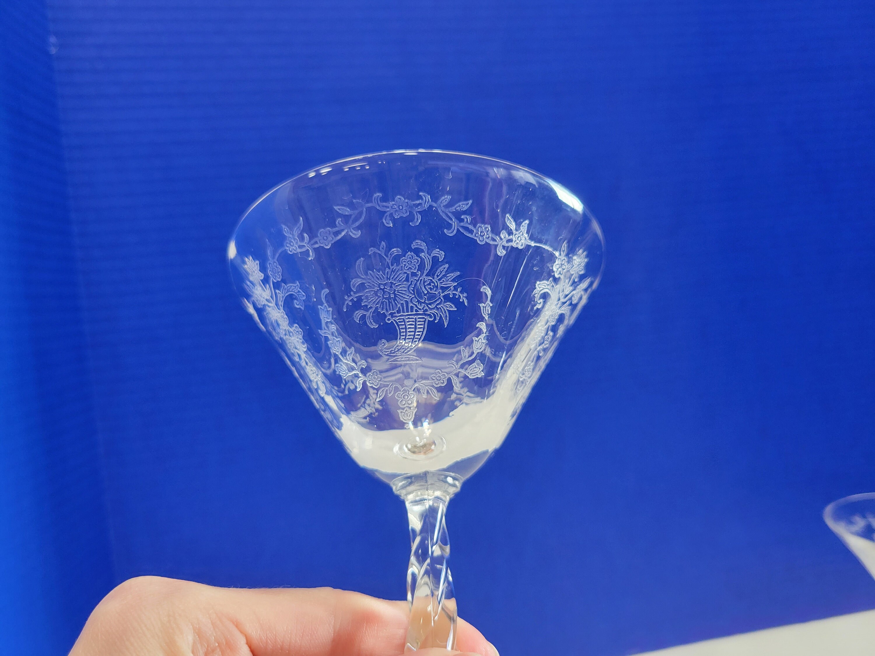 Pair Vintage Fostoria Mayflower Etched Martini Champagne Glasses