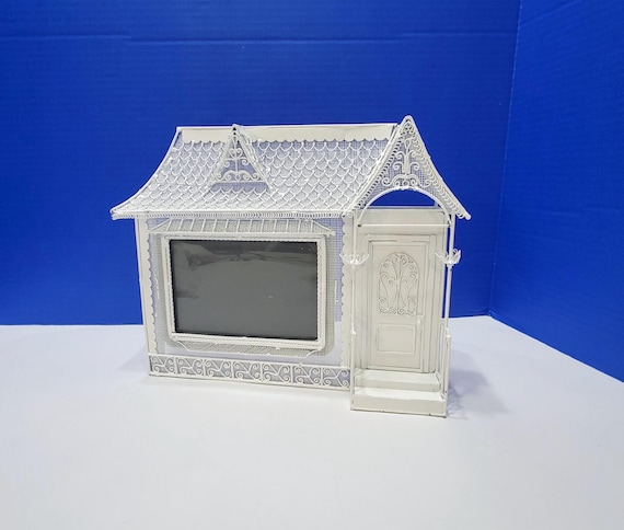 Vintage White Metal Filigree Victorian House Shaped Picture Frame