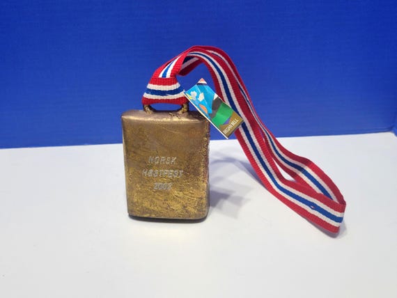 Vintage Solid Metal Cow Bell with Norwegian Flag Ribbon