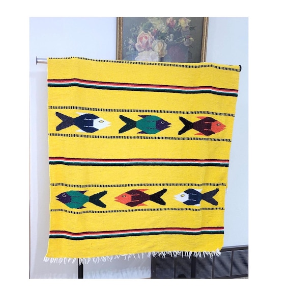Vintage Yellow Mexican Fish Woven Blanket 79 x 45