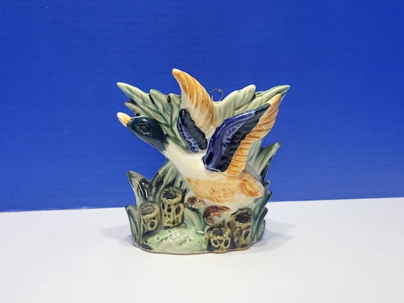 Vintage Mallard Duck in Flight Colorful Ceramic Planter