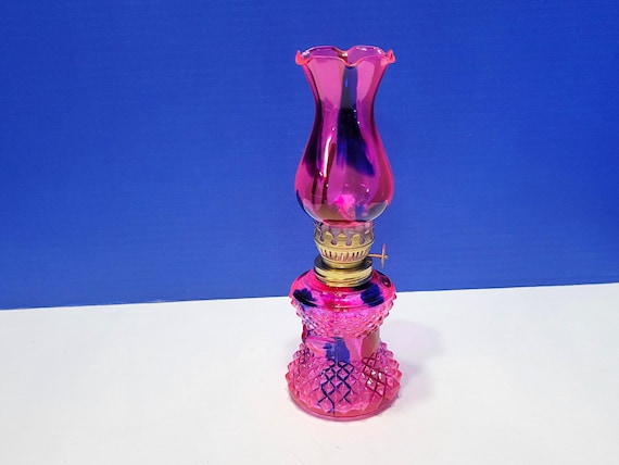 Vintage Hot Pink and Blue Glass Miniature Oil Lamp