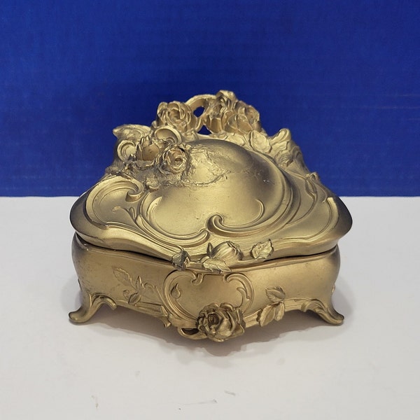 Vintage Art Noveau Gold Jewelry Casket Satin Lined