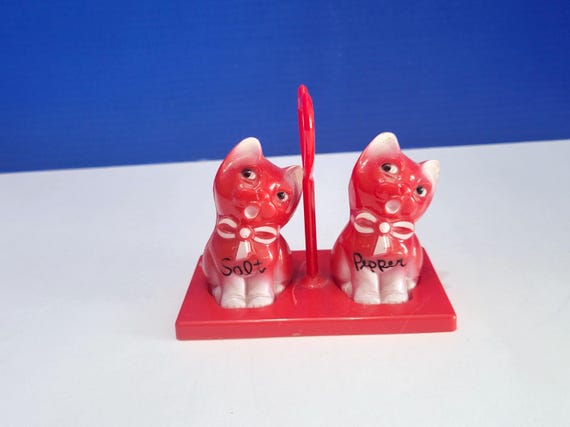 Vintage Red Plastic Cat Salt and Pepper Shakers with Holder