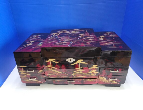 Vintage Asian Black Lacquer Musical Jewelry Box with Key