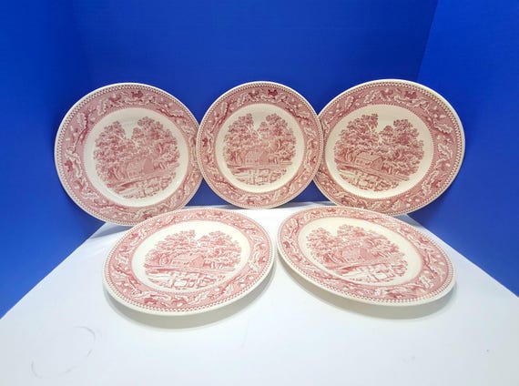 Vintage Red Willow Pink Transferware Dinner Plates 10" Set of 5