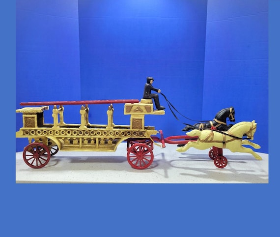 Vintage Huge Cast Iron Horse Drawn Fire Engine Wagon 3 Feet Long