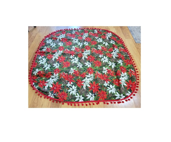 Vintage Red and White Poinsettia Tablecloth with Pom Poms