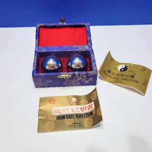 Vintage Chinese Smooth Metal Boading Balls in Blue Box