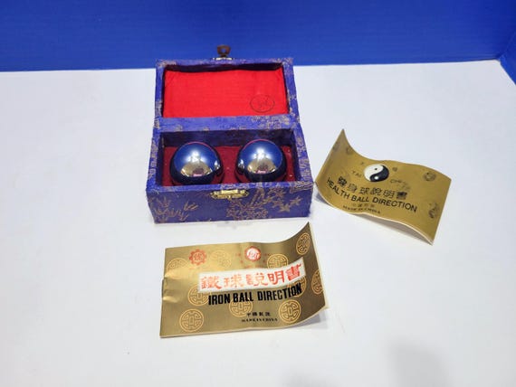 Vintage Chinese Smooth Metal Boading Balls in Blue Box