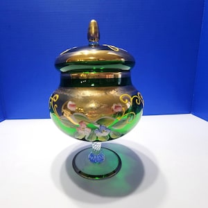 Vintage Czech Bohemian Emerald Glass Candy Jar with Lid
