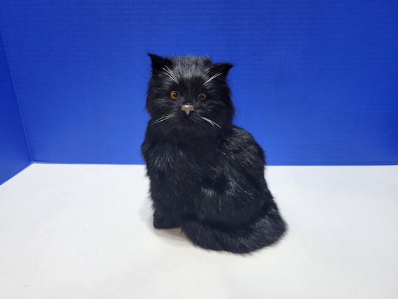 Vintage Large Fur Realistic Black Cat Figurine