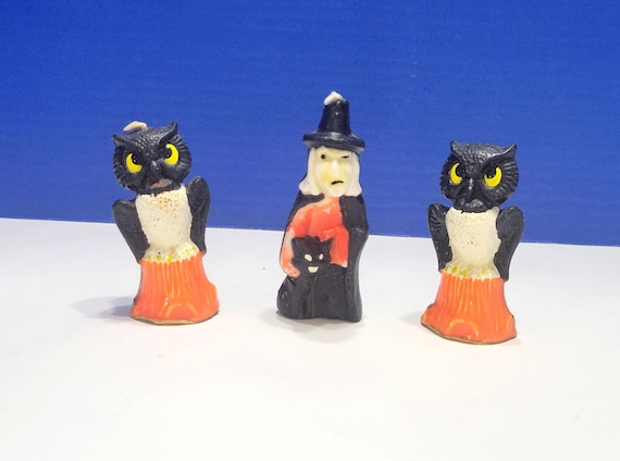Vintage Gurley Black Owl and Witch Halloween Wax Candles Lot