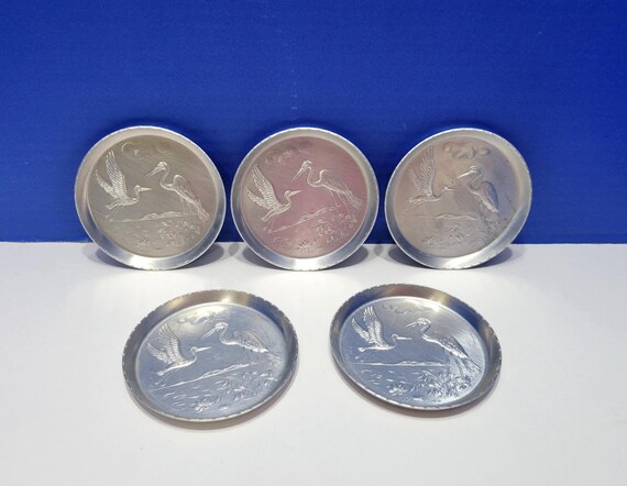 Vintage Hammered Aluminum Crane Bird Coasters Set of 5
