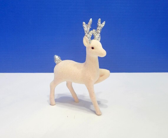 Vintage White Flocked Reindeer with Silver Glitter Antlers Made in Japan