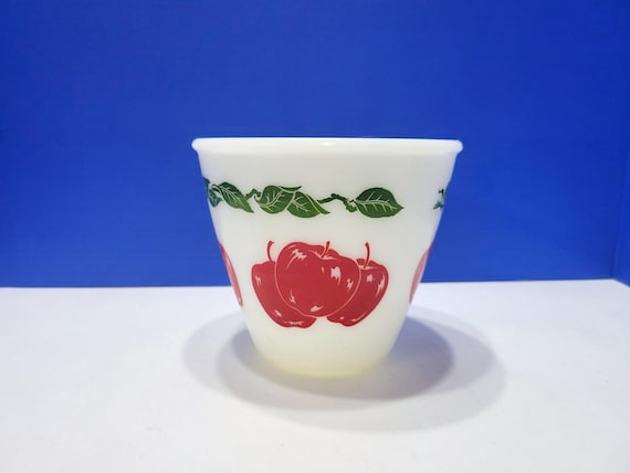 Vintage Hazel Atlas Red Apple and Green Leaf Milk Glass Mixing Bowl 6"