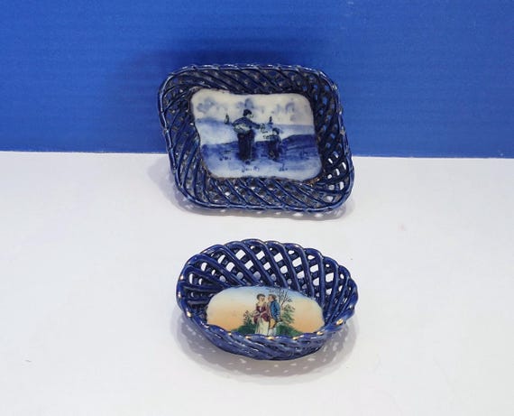 Pair Vintage Delft Blue Woven Ceramic Trinket Dishes