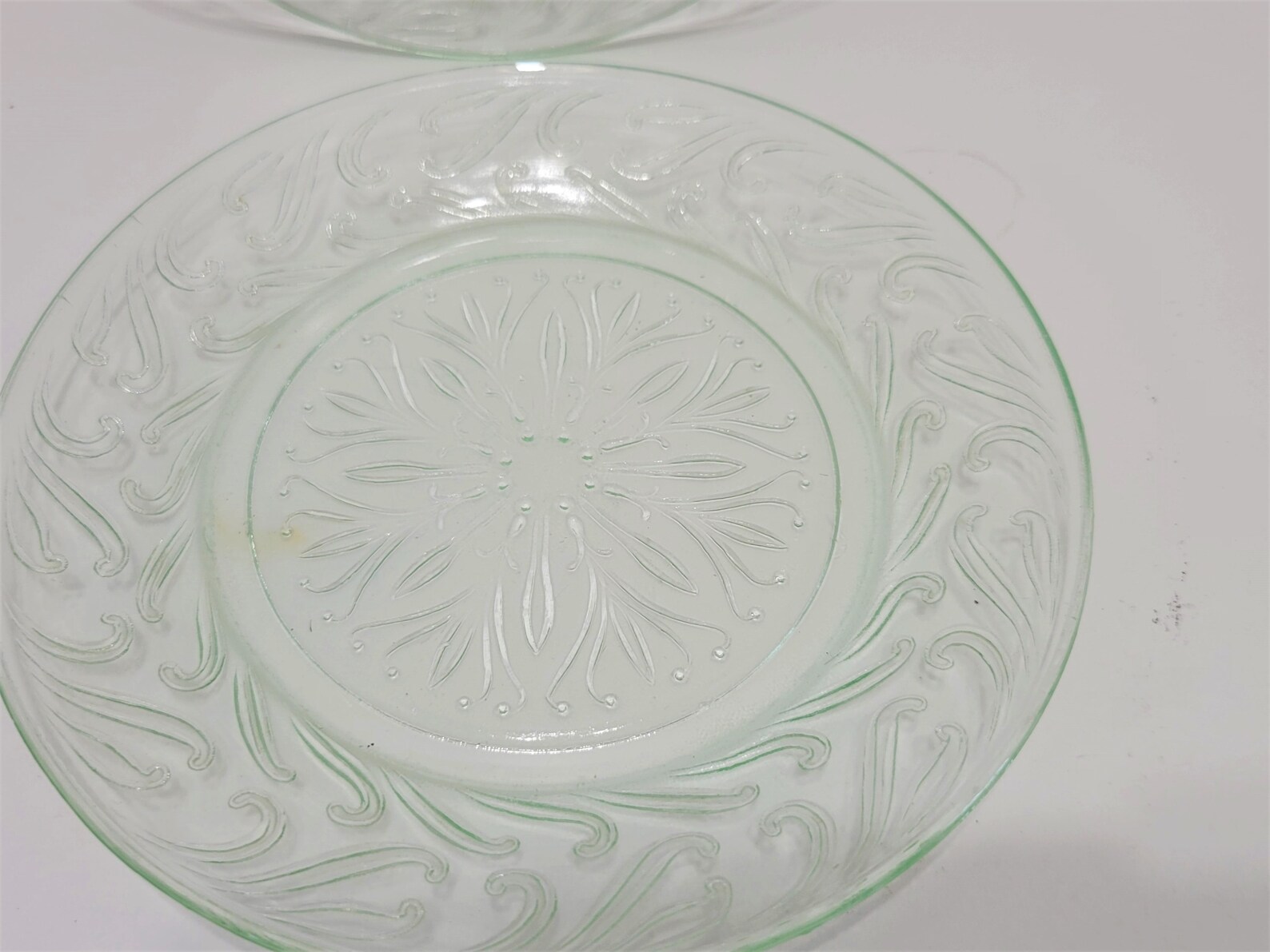 Pair Vintage Green Glass Dessert Plates Scroll Raised Pattern Etsy