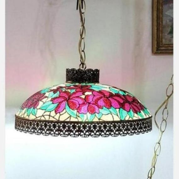 Vintage Stained Glass Hanging Pendant Lamp with Red Poinsettia Flowers