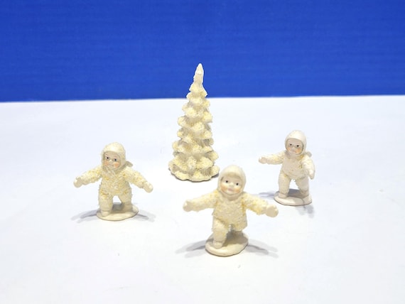 Vintage Department 56 Miniature Metal Snow Babies and Tree Figurines