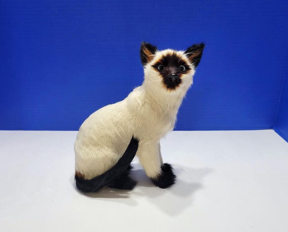 Vintage Large Fur Realistic Siamese Cat Figurine 8"