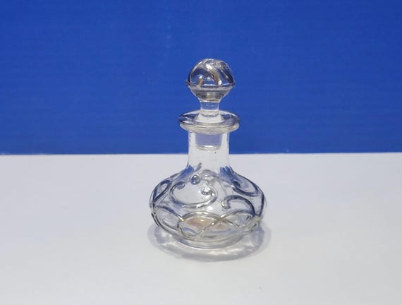Vintage Glass Perfume Bottle with Silver Overlay Filigree