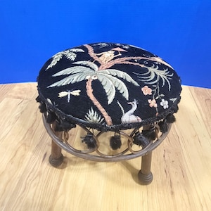 Vintage Wood Rattan Round Foot Stool with Tropical Upholstery and Fringe