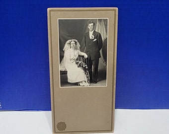 Antique Victorian Wedding Couple Large Cabinet Card Photo Bride in High Neck Dress