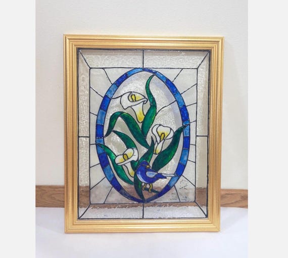 Vintage Painted Lily Stained Glass Window Style Art Wall Hanging 20 x 16