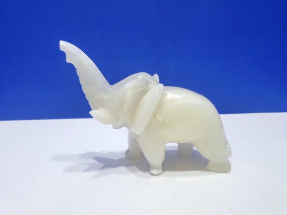 Vintage Large White Onyx Stone Carved Elephant