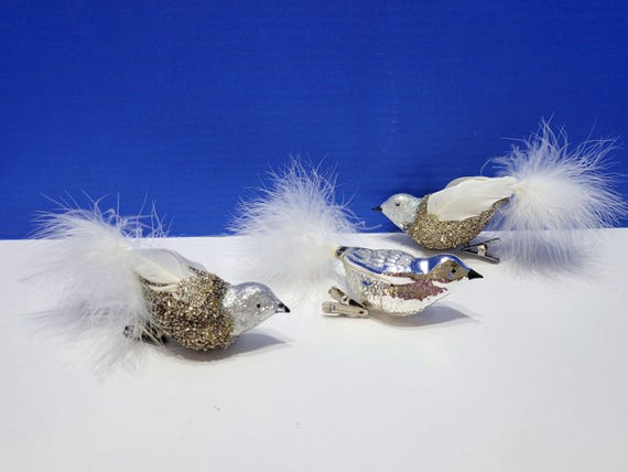 Vintage Silver Beaded Glass Bird Ornaments with White Feather Tails