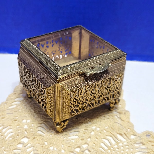 Antique Gold Ormolu Jewelry Box Square with Beveled Glass Lid