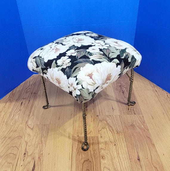 Vintage Large White and Black Floral Footstool with Twisted Gold Cast Iron Feet