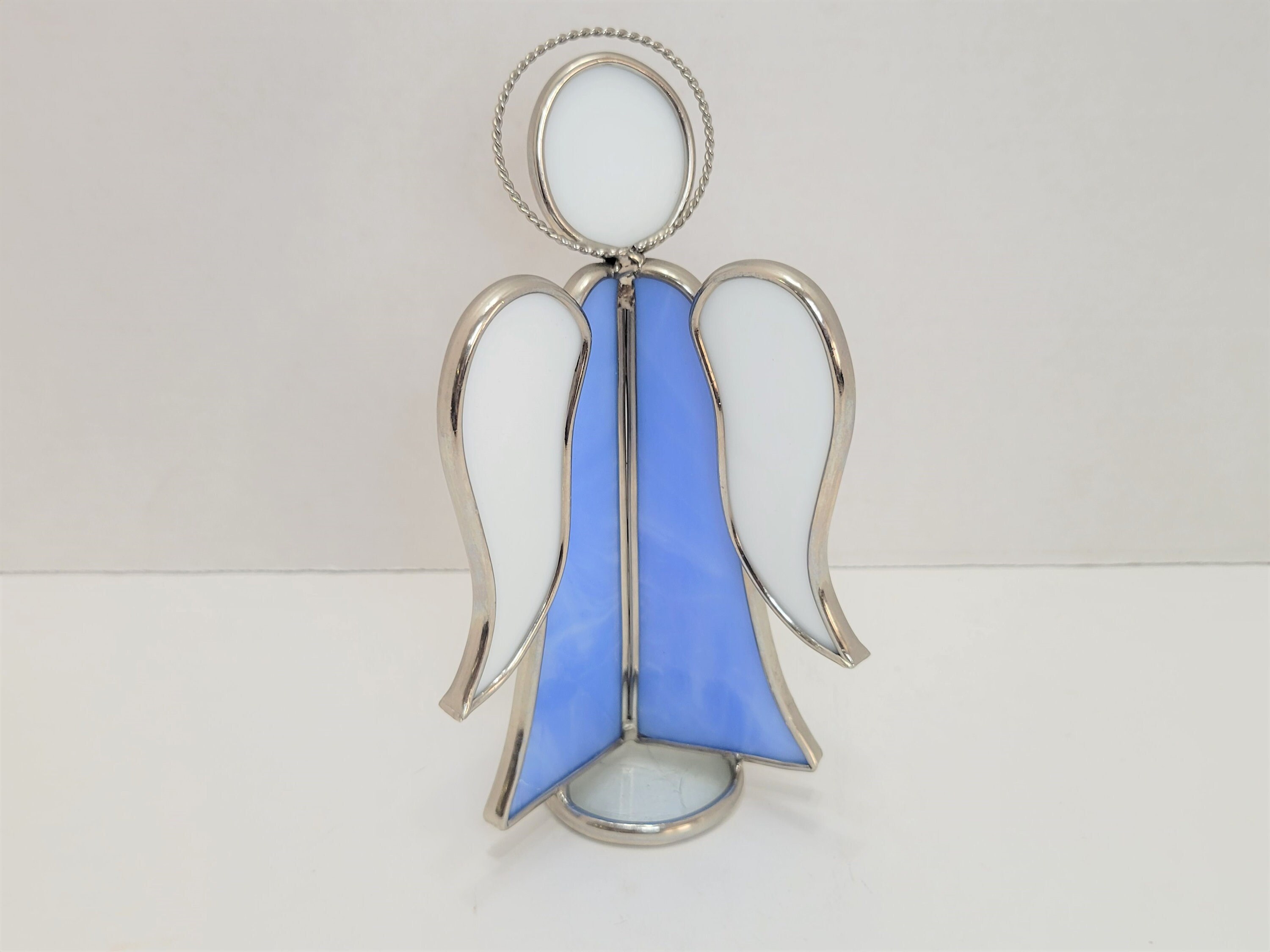 Vintage Blue and White Stained Glass Christmas Angel Figurine
