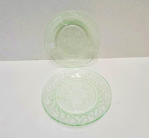 Pair Vintage Green Glass Dessert Plates Scroll Raised Pattern Etsy