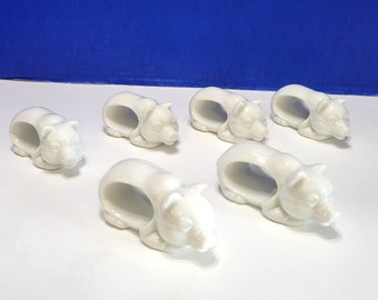 Vintage White Ceramic Pig Napkin Rings Set of 6