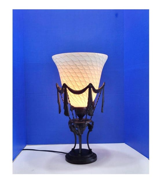 Vintage Large Art Noveau Style Black and White Table Lamp with Curtain Drape